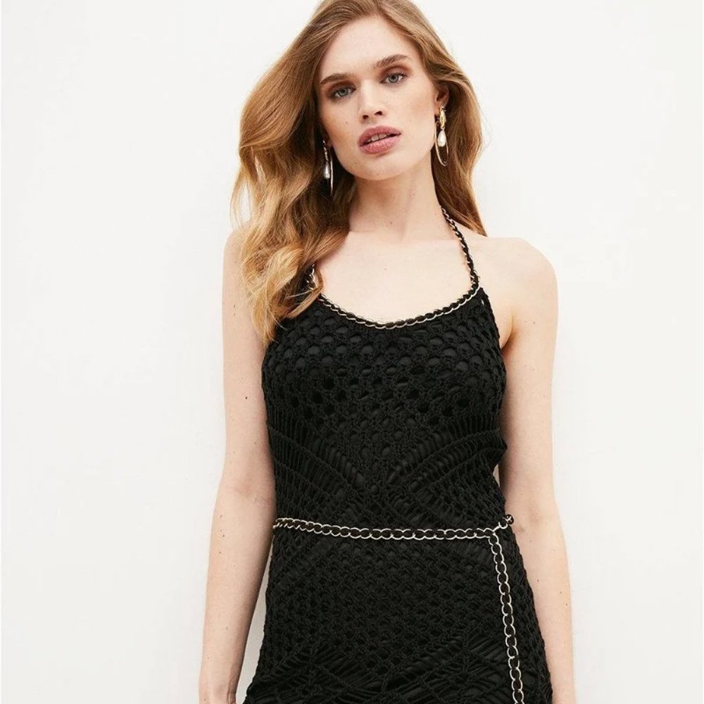 Karen Millen Chain Neck Belted Crochet Mini Dress